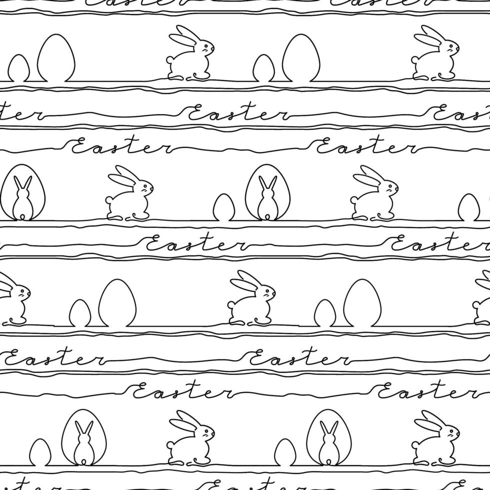 Happy Easter. Vector seamless pattern. Outline bunny background. Line art illustration. Text and rabbit single line.