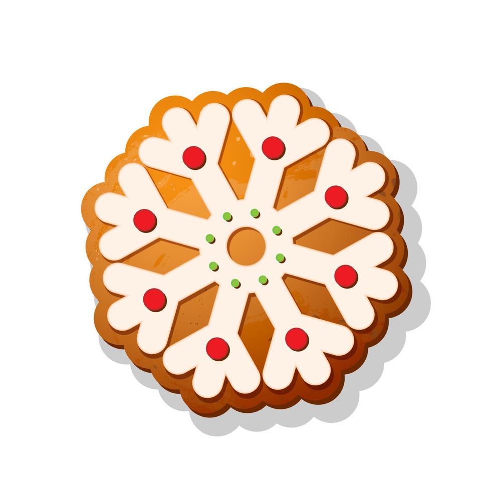Merry Christmas. Christmas gingerbread cookies with picture of snowflake. Winter holiday food. Vector illustration