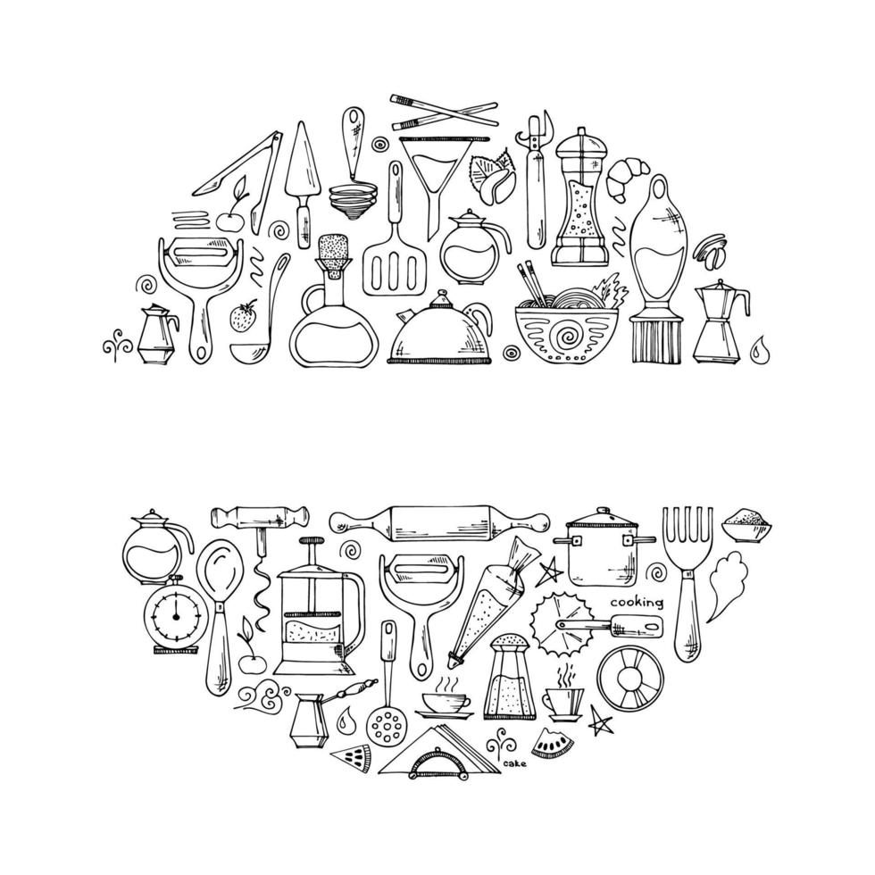 fondo de círculo vectorial de utensilios de cocina. equipos de cocina de fideos dibujados a mano. ilustración para menú de restaurante, libro de recetas y papel tapiz. vector
