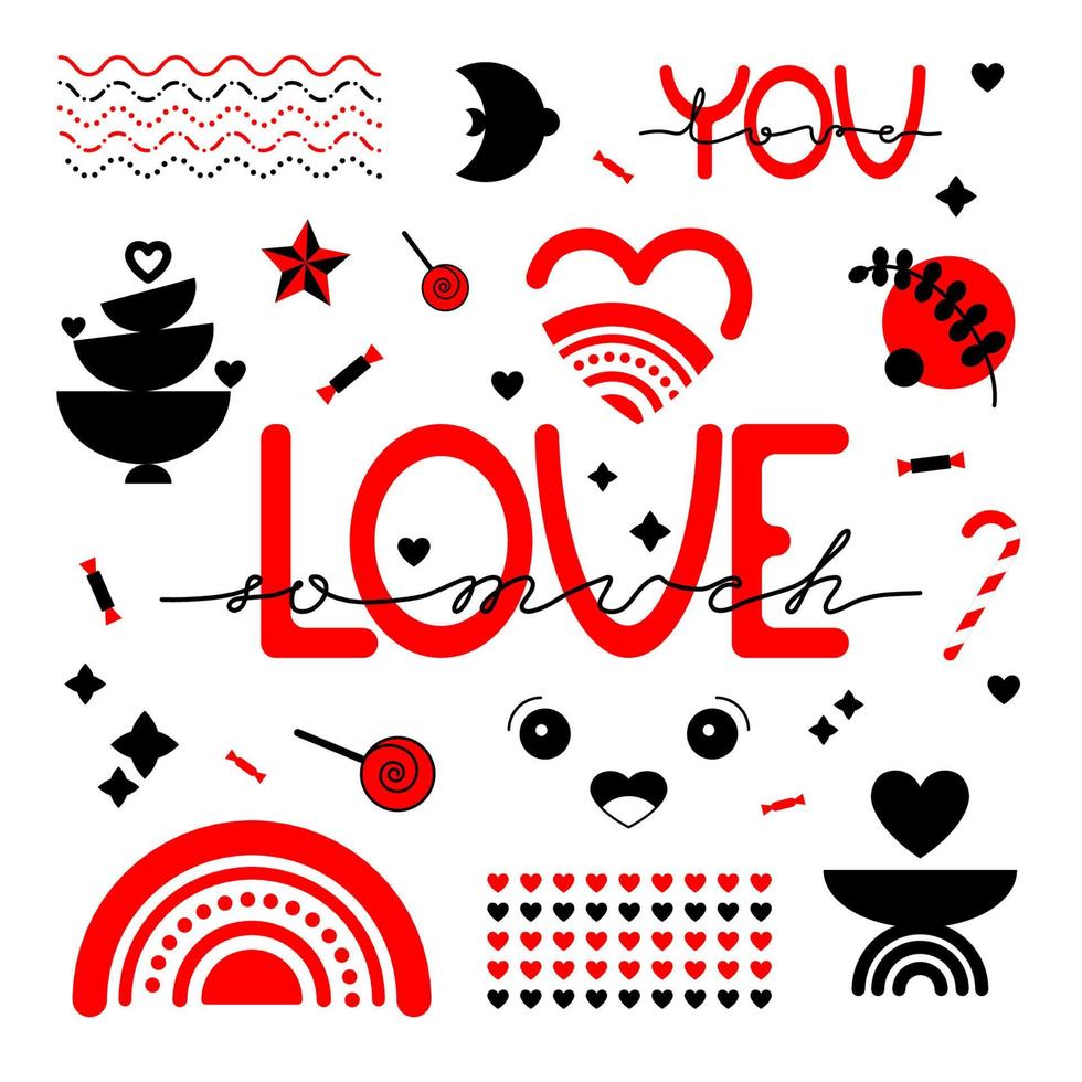 conjunto de vectores iconos boho. ilustración con amor. Feliz día de San Valentín. pancarta con texto de amor