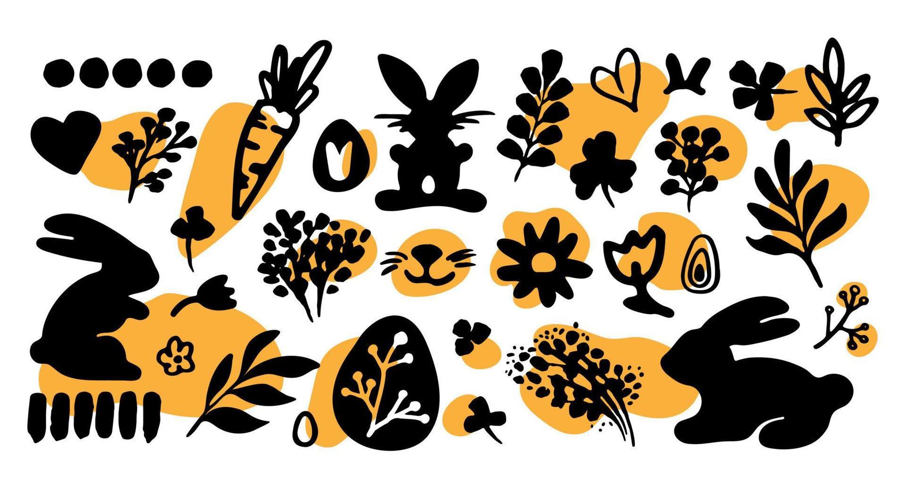 doodle de pascua vectorial con lindos conejitos, pollos, flores y huevos. elementos de diseño y personajes en estilo de dibujos animados. ilustración vectorial vector