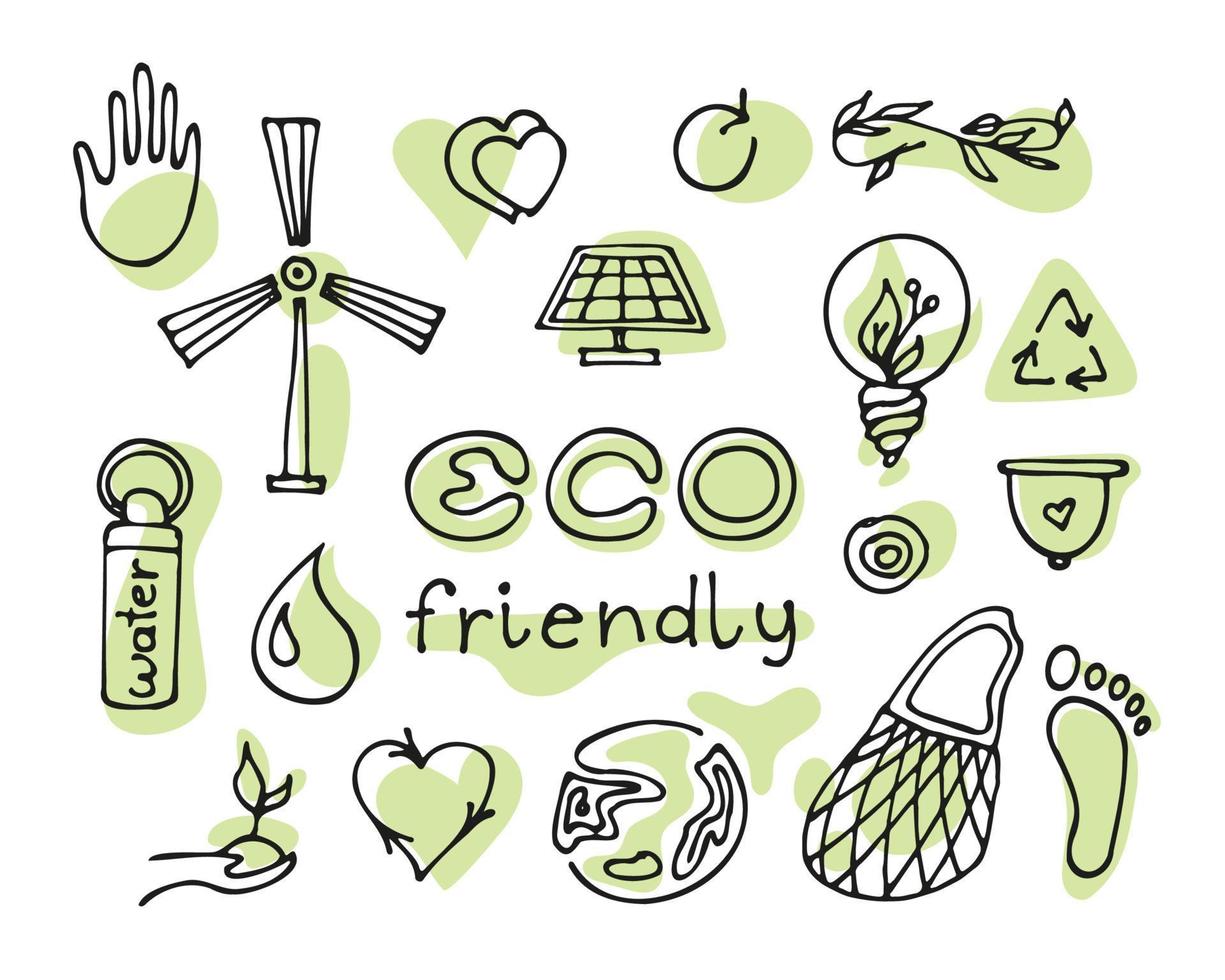 Zero waste lifestyle hand drawn set. vector doodle illustration. Collection of eco and natural elements. Go green concept. Isolated objects