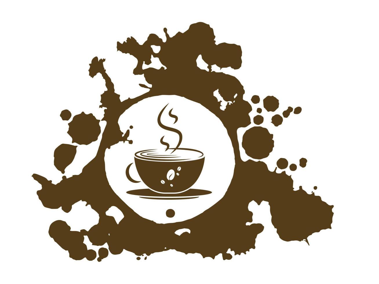 Vector Coffee spots with mug clipart. Coffee time. Illustration for cafe menu. Dirty splash stain with cup symbol in frame