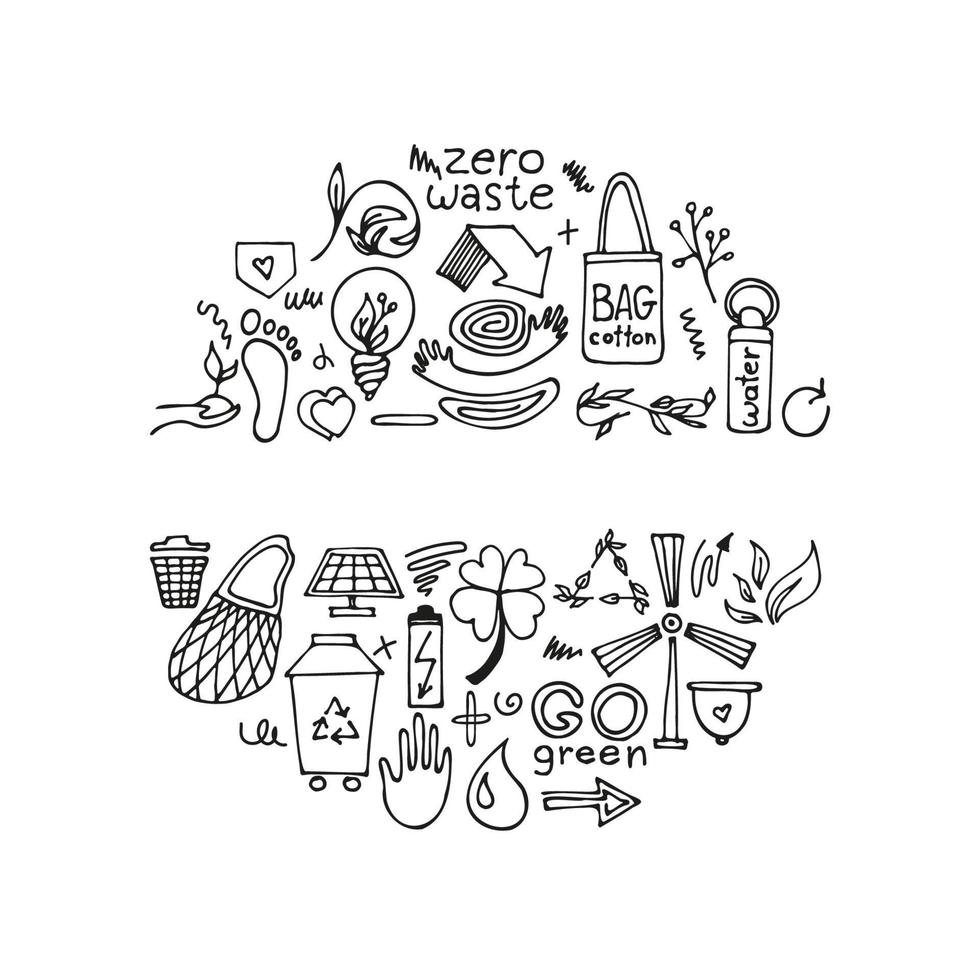 Zero waste lifestyle hand drawn set. vector doodle illustration. ecology and natural background.