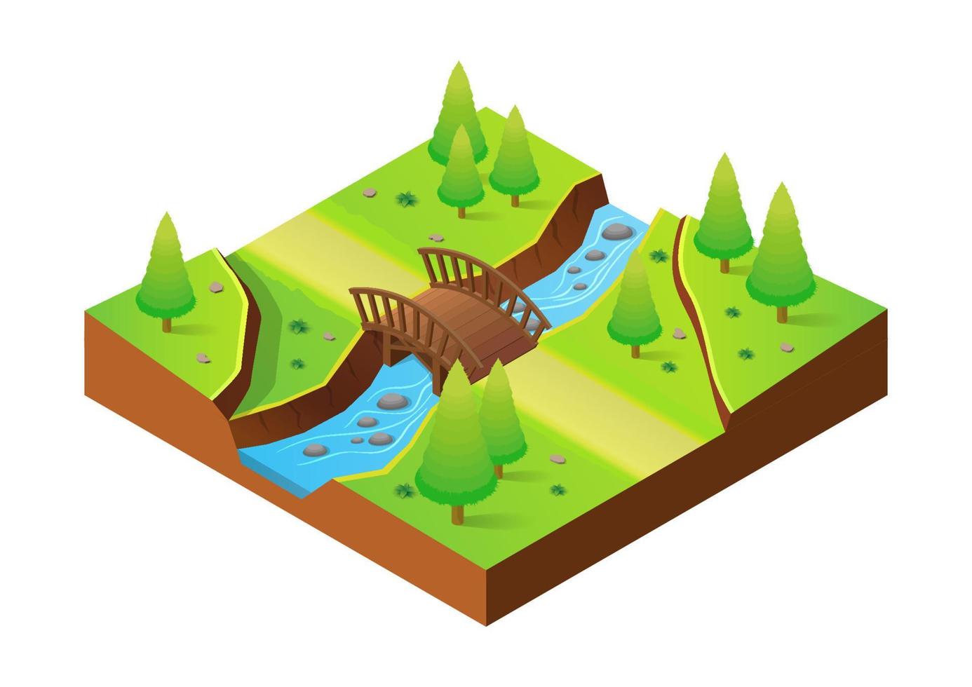 río isométrico con puente de madera vector