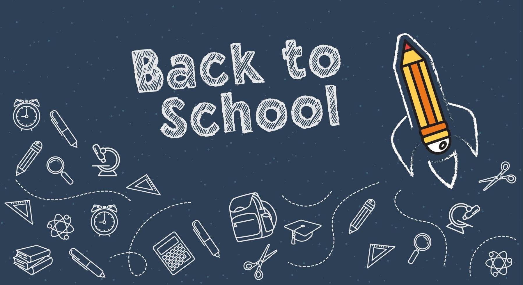 pencil rocket launching with doodles on blackboard, welcome back to school background vector