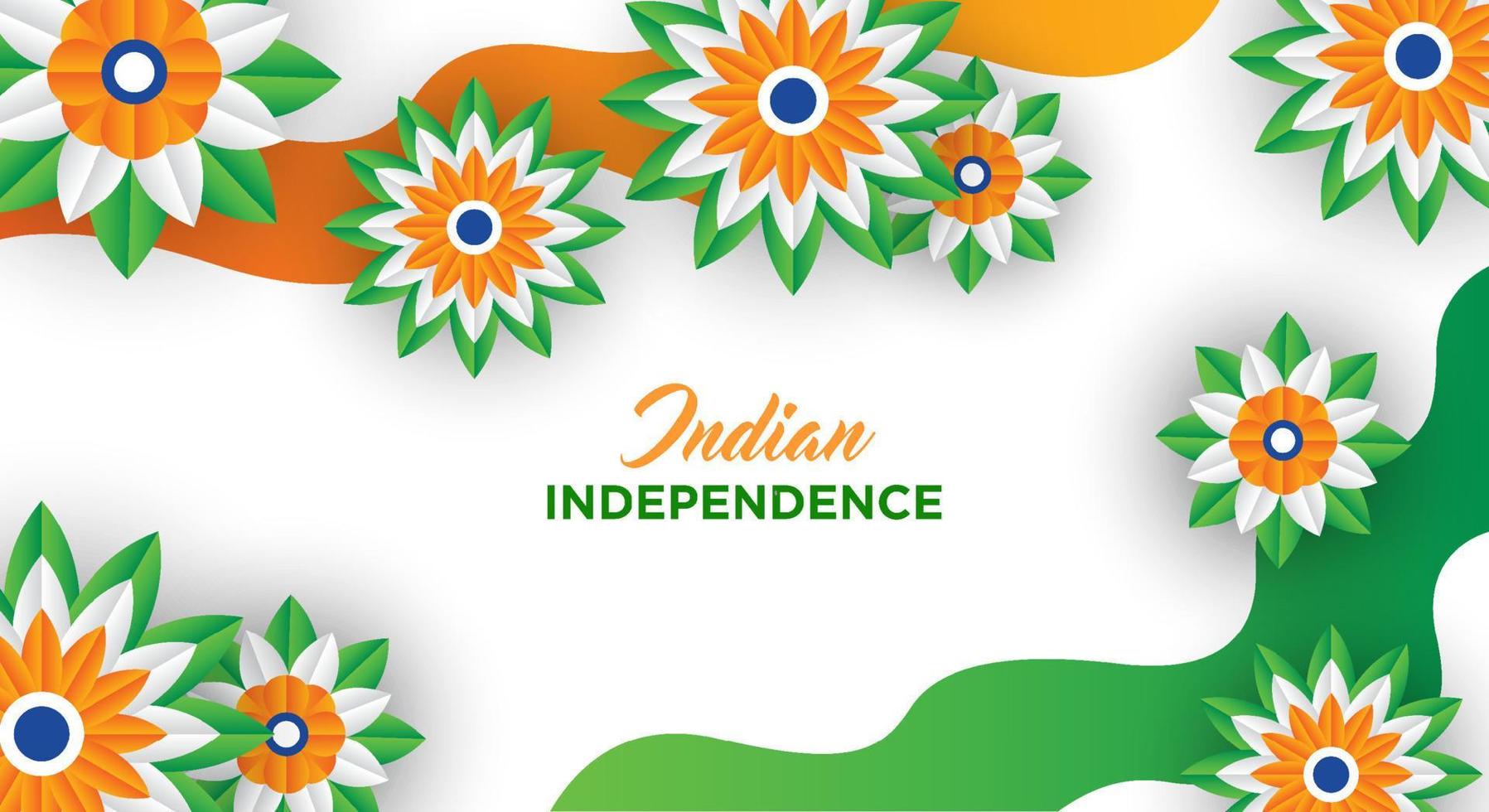 diseño de vacaciones del día de la independencia india. Ruedas 3d, flores con hojas en tricolor tradicional de bandera india. estilo de corte de papel. vector