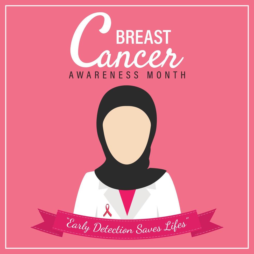 publicación en redes sociales de concientización sobre el cáncer de mama cuadrado con diseño de icono de doctor musulmán hijab vector