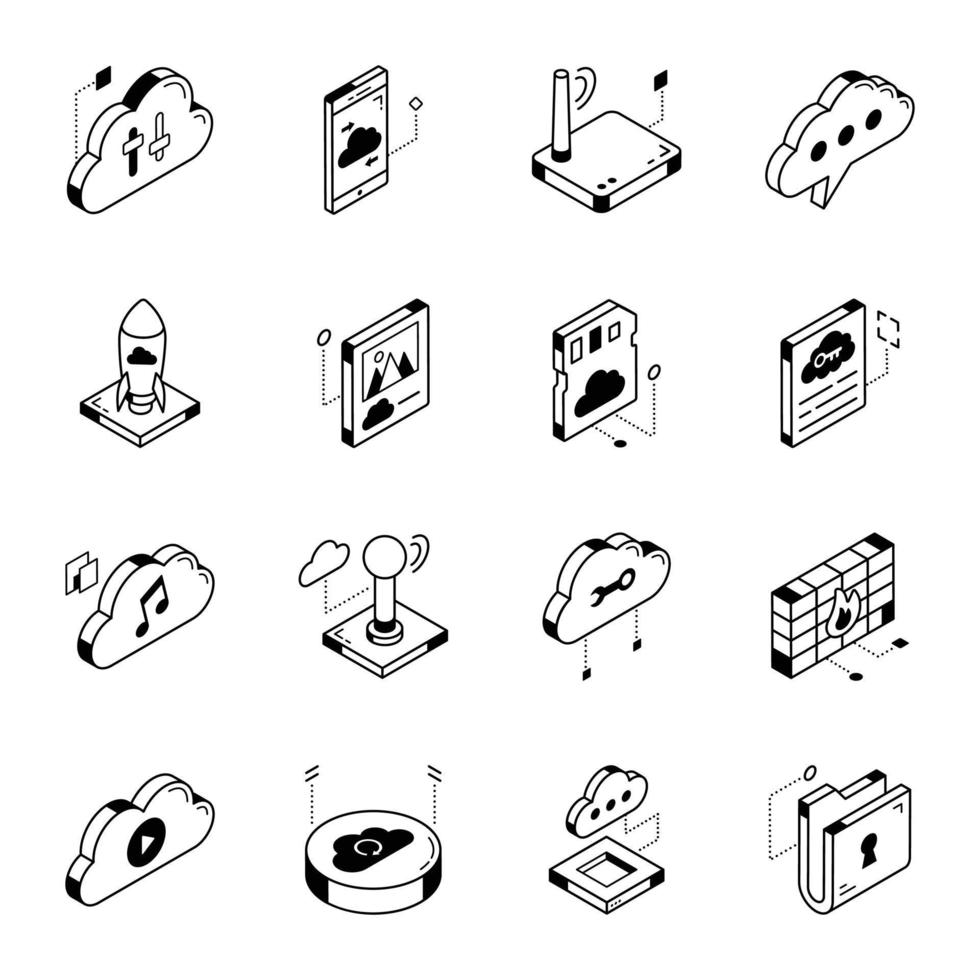 Isometric Line Icons of Cloud Tech vector