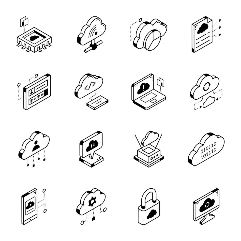 Isometric Line Icons of Cloud Hosting vector