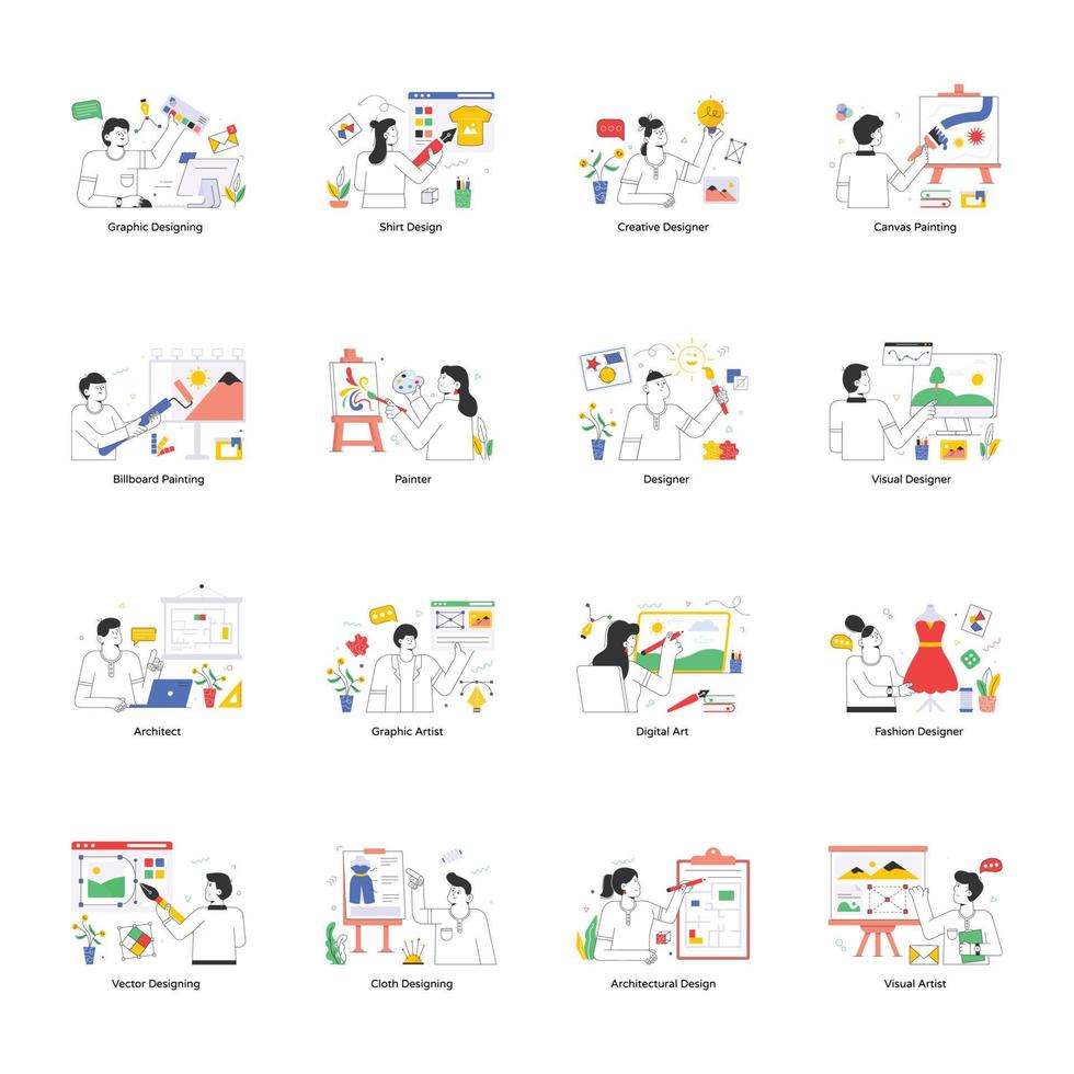 Pack of Graphic Designing Flat Illustrations vector