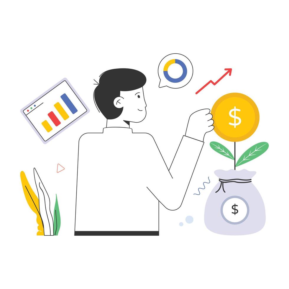 A character based flat illustration of investment analysis vector