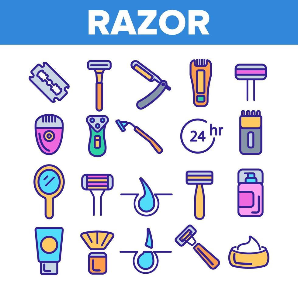 Razor, Shaving Accessories Vector Linear Icons Set