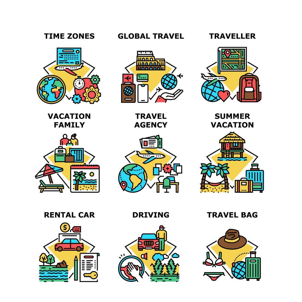 Family Vacation Set Icons Vector Illustrations