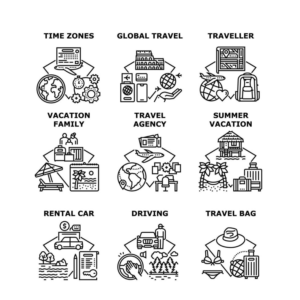 Family Vacation Set Icons Vector Illustrations