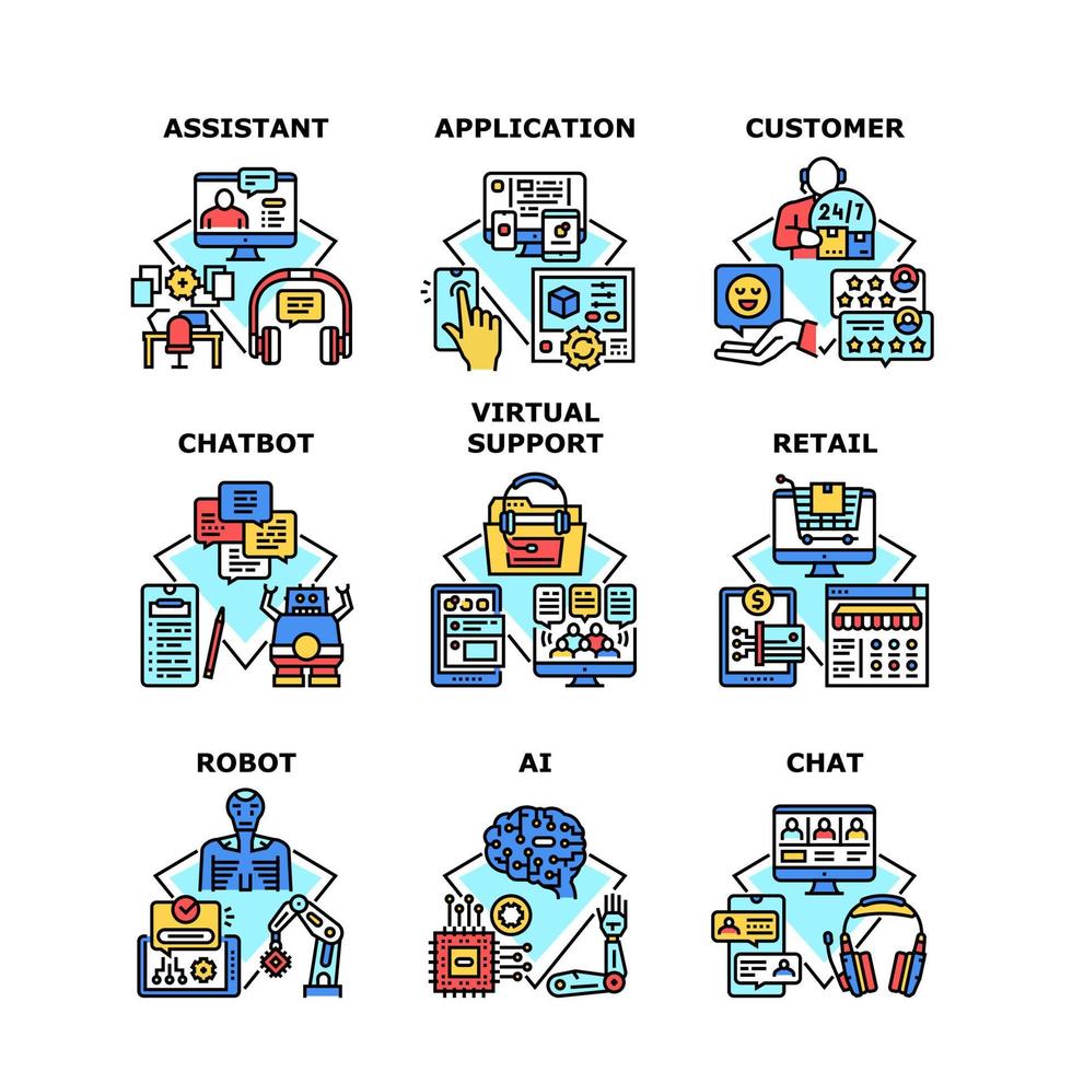 Virtual Support Set Icons Vector Illustrations