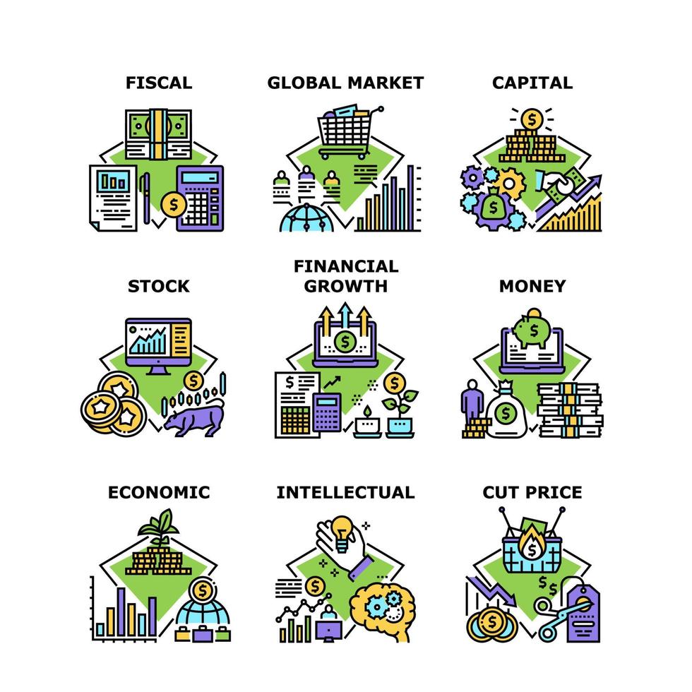 crecimiento financiero establecer iconos ilustraciones vectoriales vector