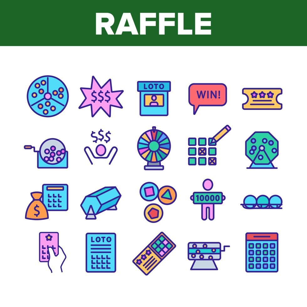 Raffle Gamble Lottery Collection Icons Set Vector