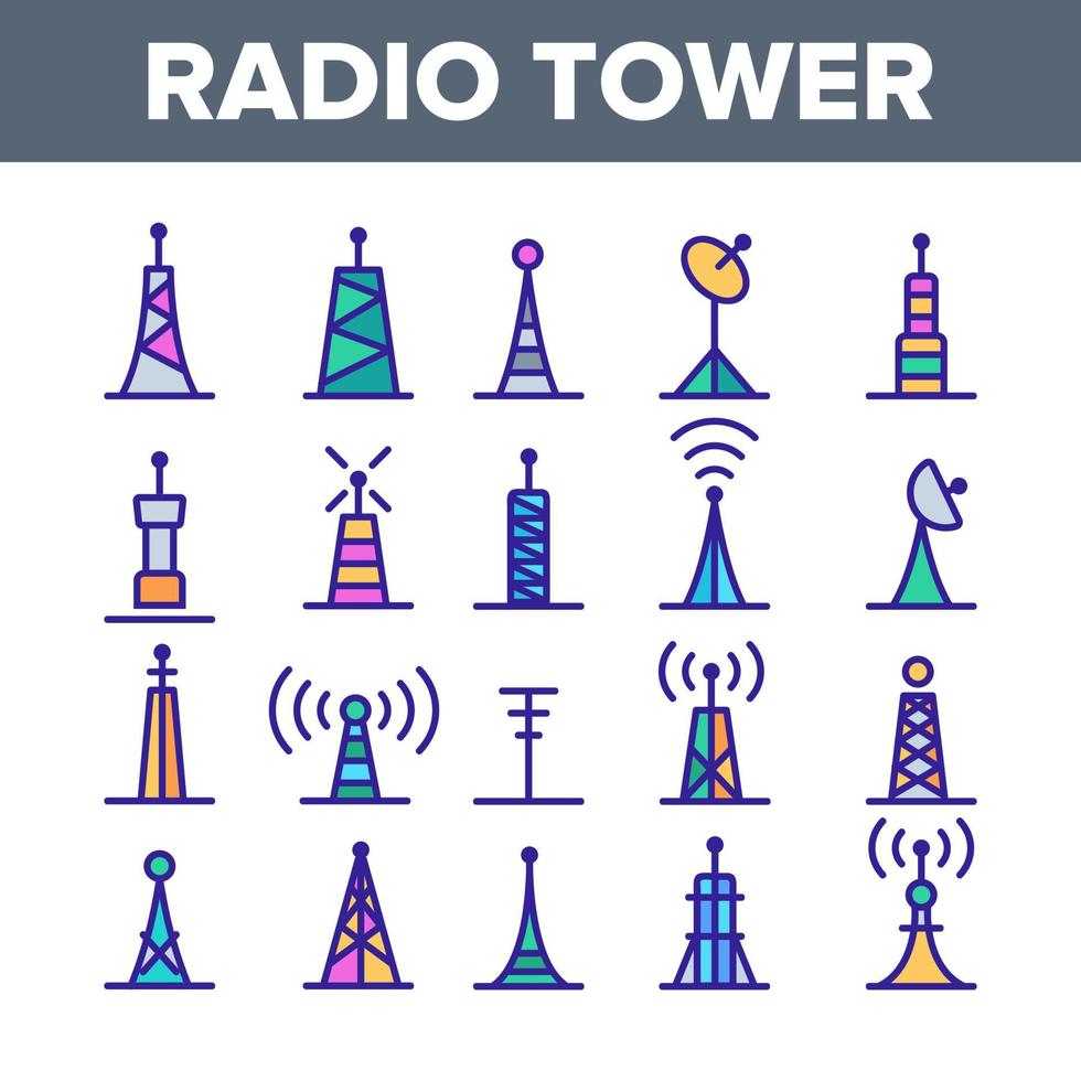 conjunto de iconos lineales vectoriales de torres y mástiles de radio vector