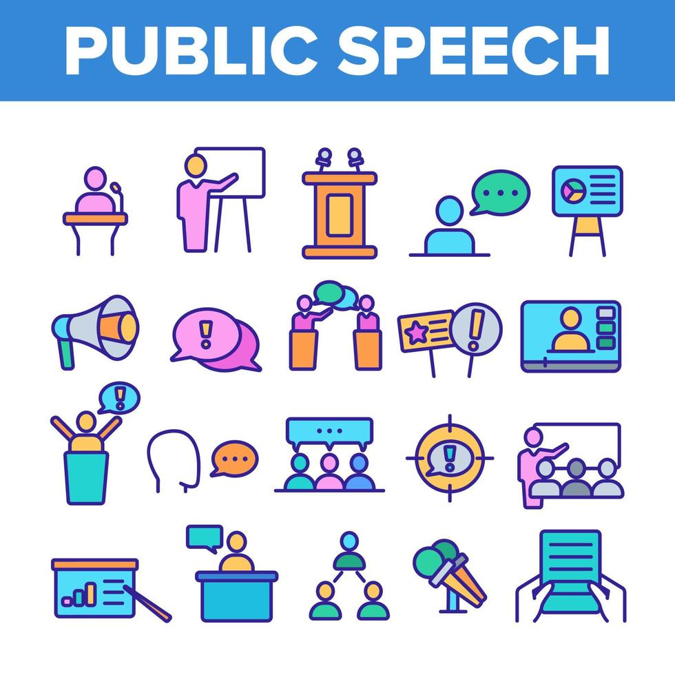 conjunto de iconos de línea de color de vector de discurso público