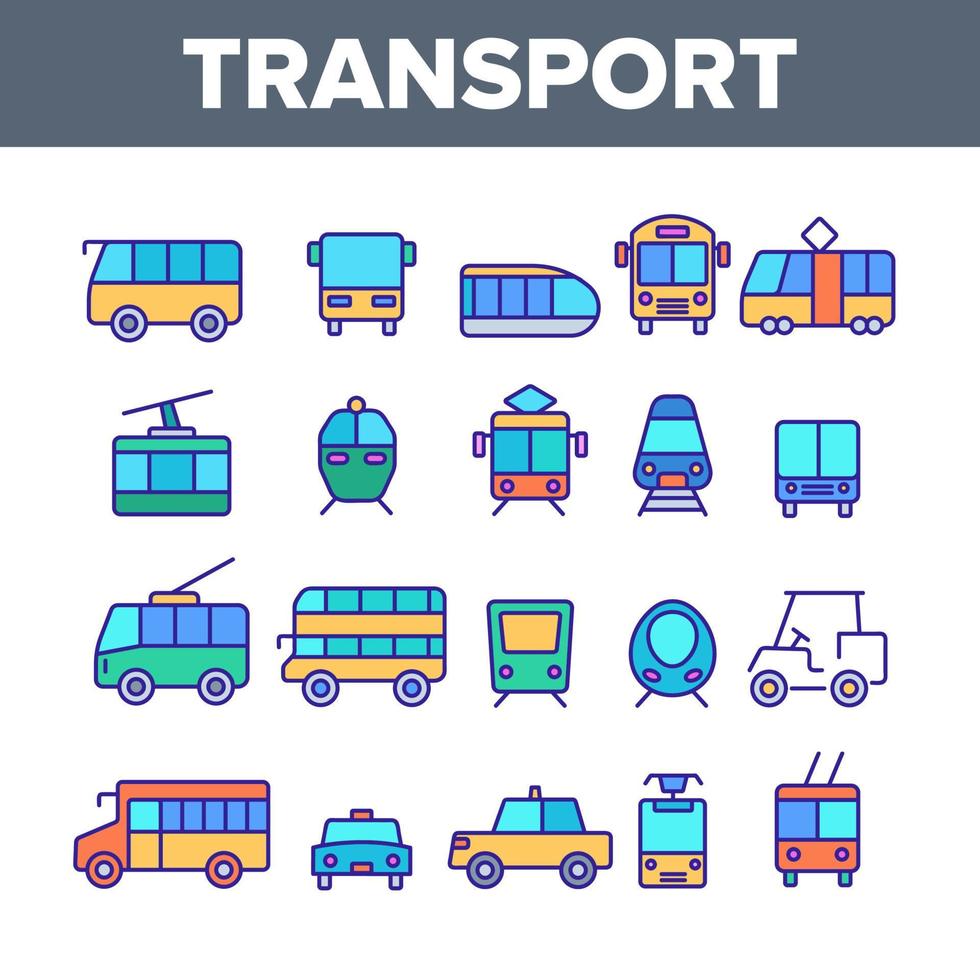 Color Public Transport And Vehicle Vector Linear Icons Set