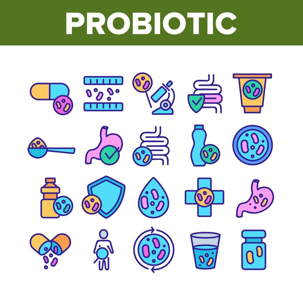 conjunto de iconos de colección de bacterias probióticas vector