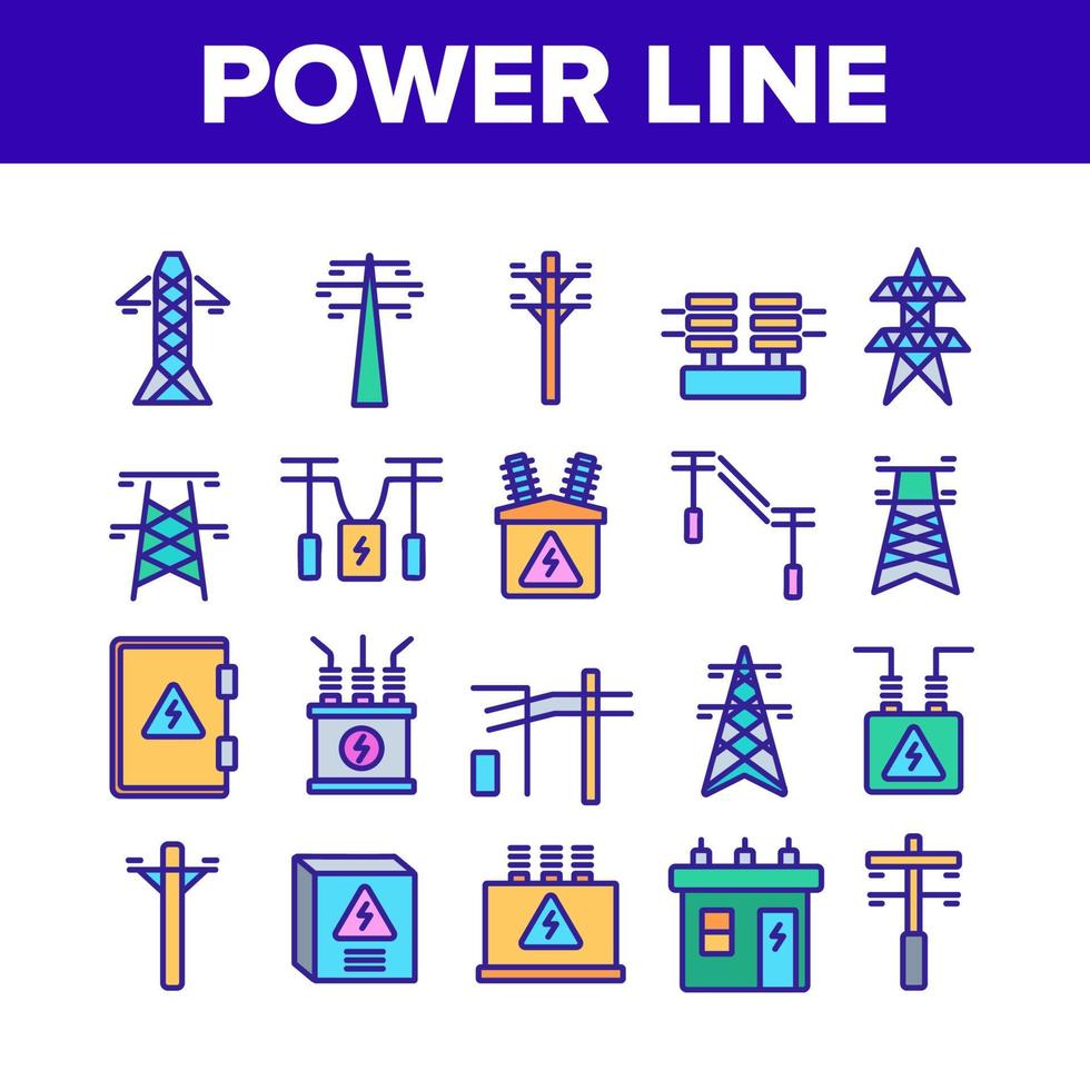 Power Line Electricity Collection Icons Set Vector