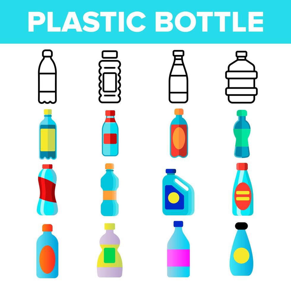 Plastic Water Bottle Linear Vector Icons Set