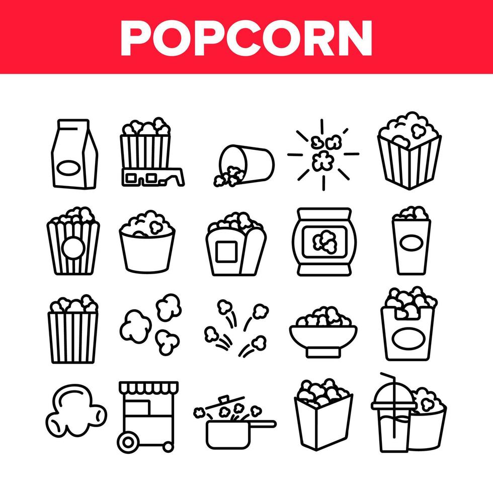 Popcorn Tasty Snack Collection Icons Set Vector