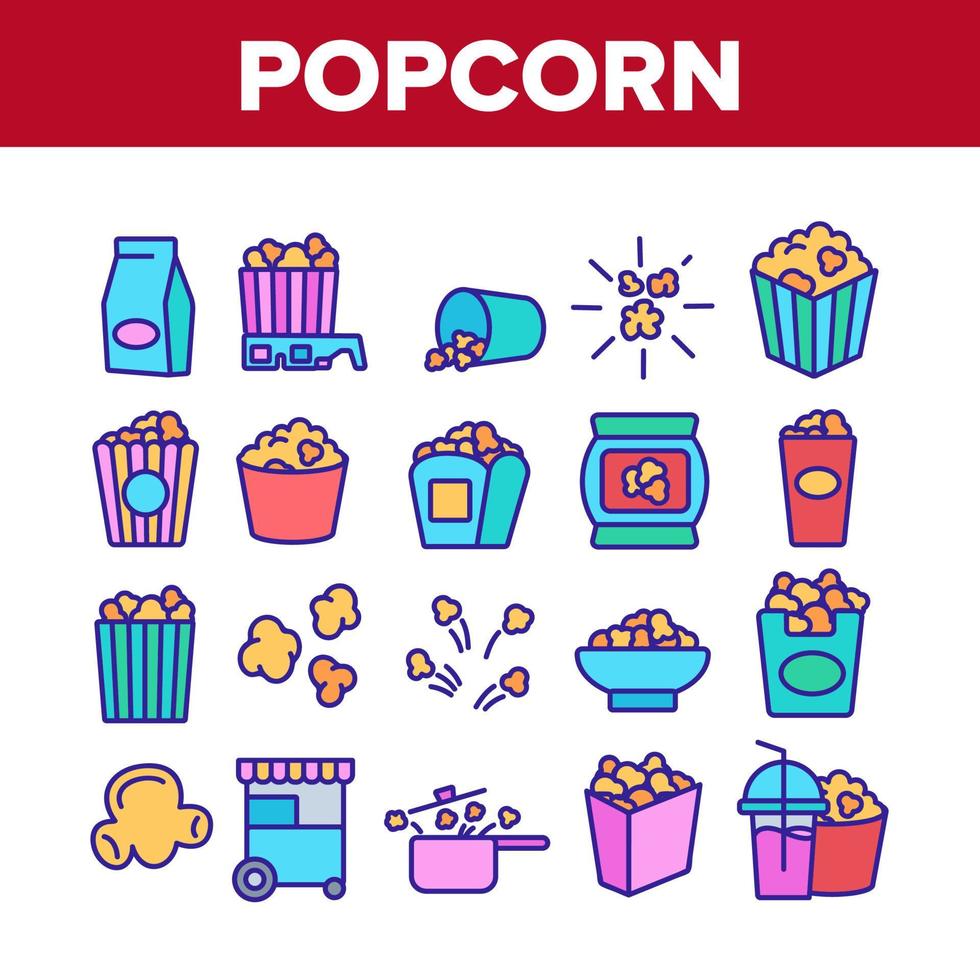 Popcorn Tasty Snack Collection Icons Set Vector