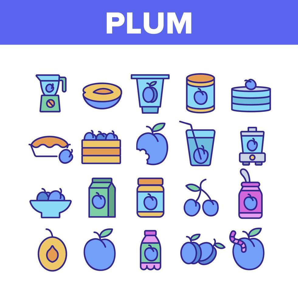 Plum Vitamin Fruit Collection Icons Set Vector