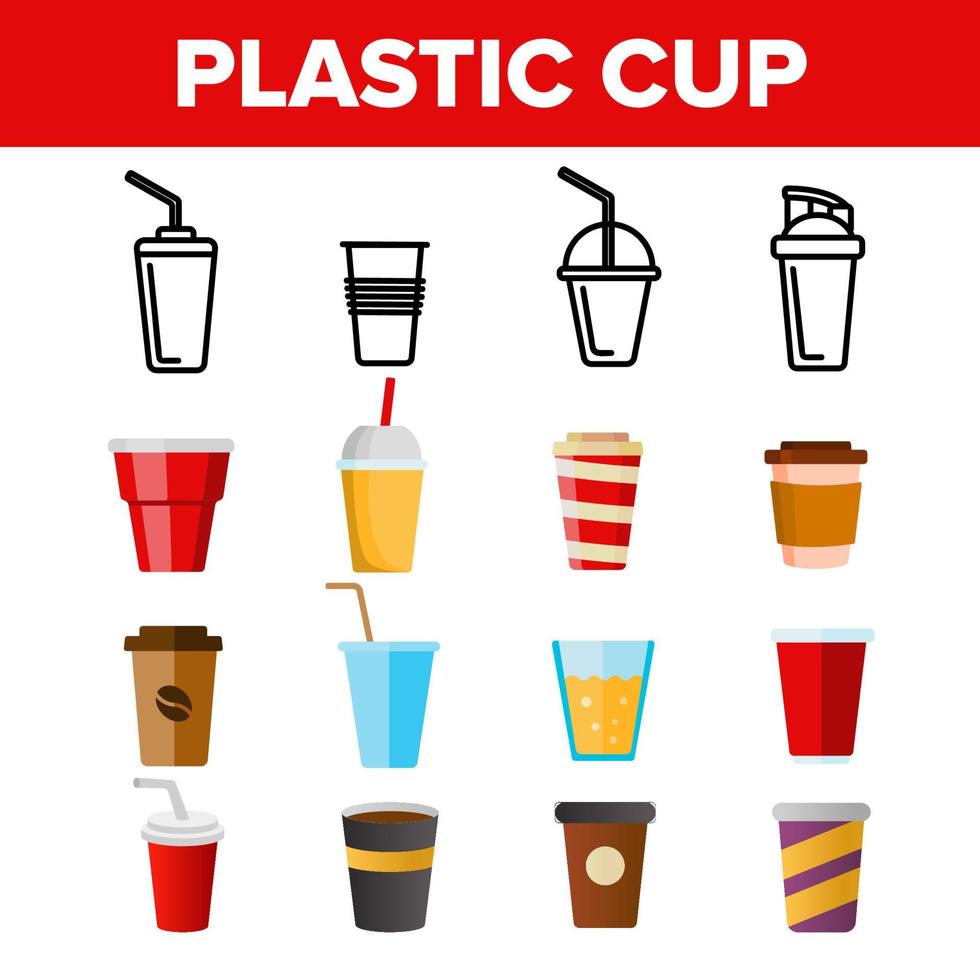 Disposable Plastic Cup Linear Vector Icons Set