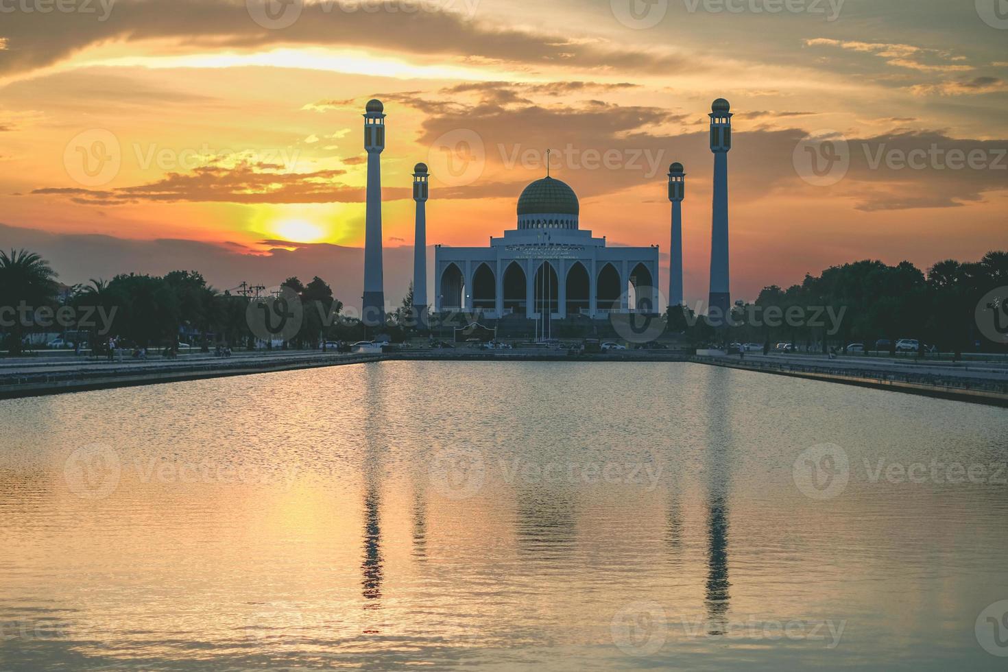 Landscape of beautiful sunset sky at Central Mosque in Songkhla province, Southern of Thailand. photo