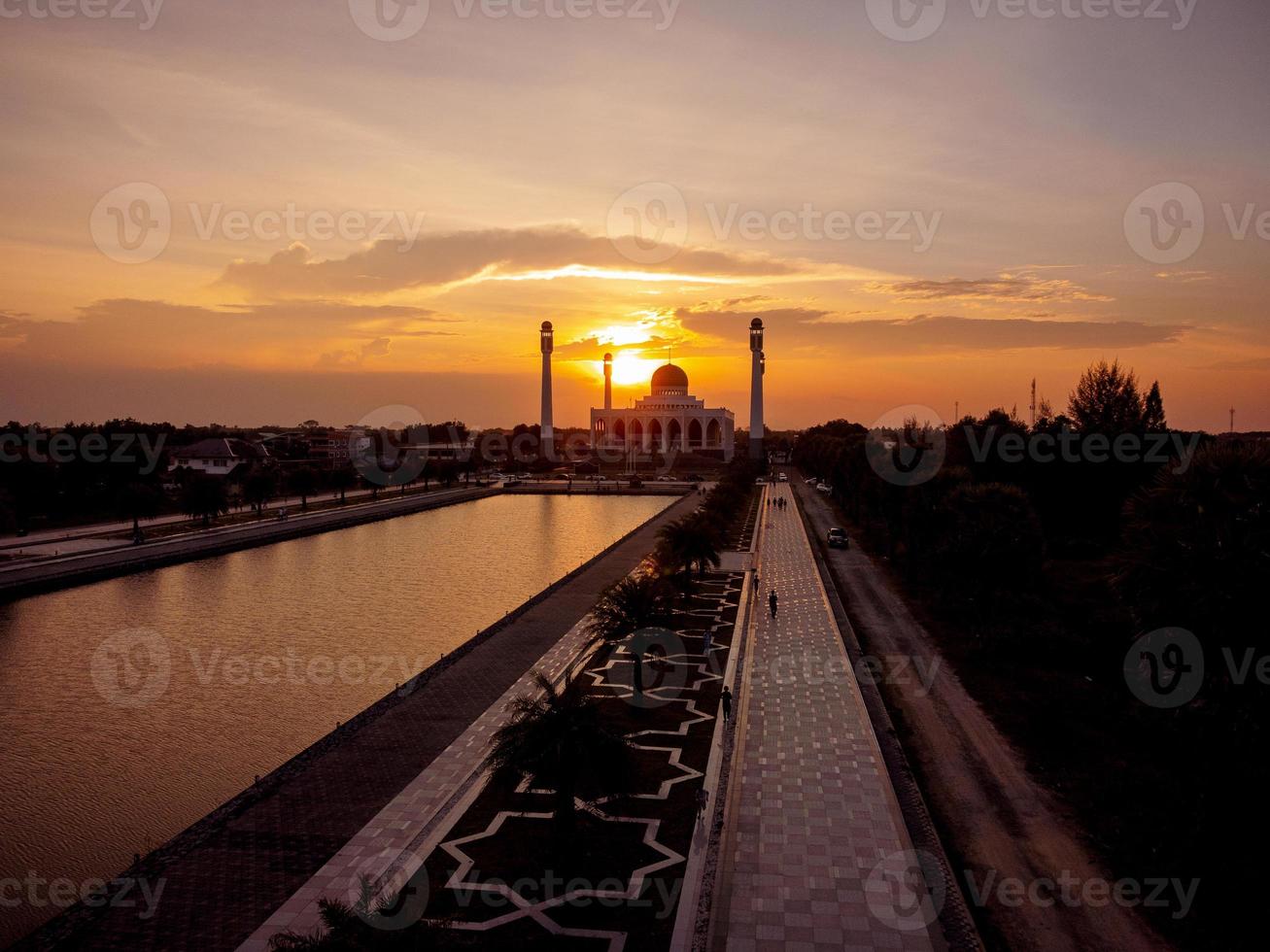 Landscape of beautiful sunset sky at Central Mosque in Songkhla province, Southern of Thailand. photo