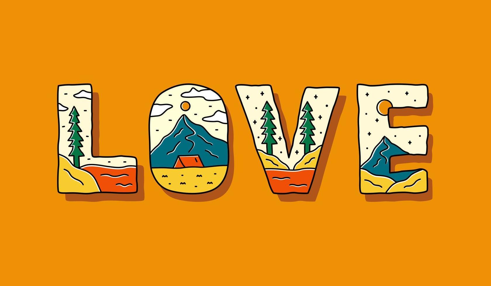 carta de amor con diseño de camping de montaña natural en el interior para camisetas, pegatinas y otros usos vector