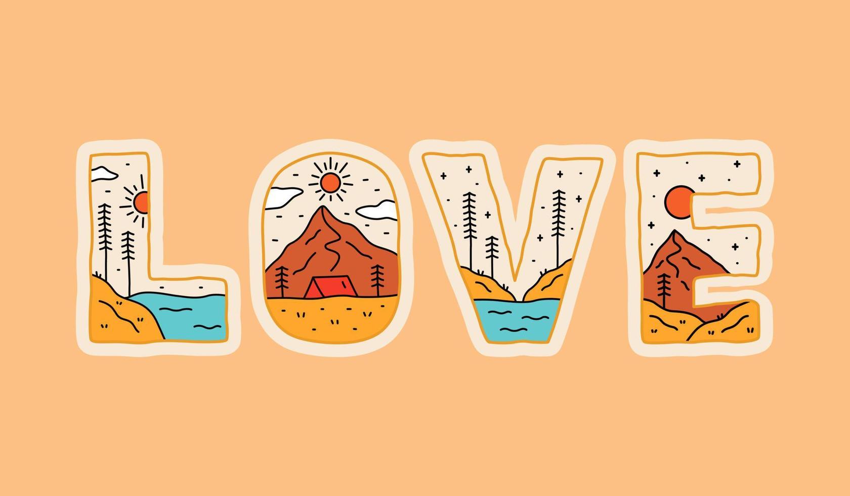 carta de amor con diseño de mar de camping de montaña natural en el interior para camisetas, pegatinas y otros usos vector