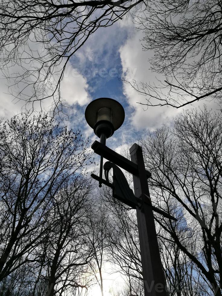 A street sign with trees in the background photo