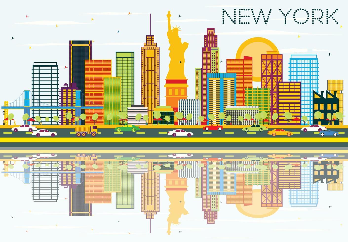 horizonte de nueva york con edificios de color, cielo azul y reflejos. vector