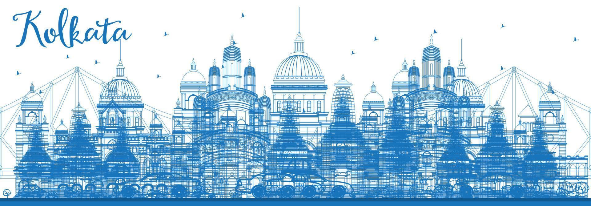 Outline Kolkata Skyline with Blue Landmarks. vector