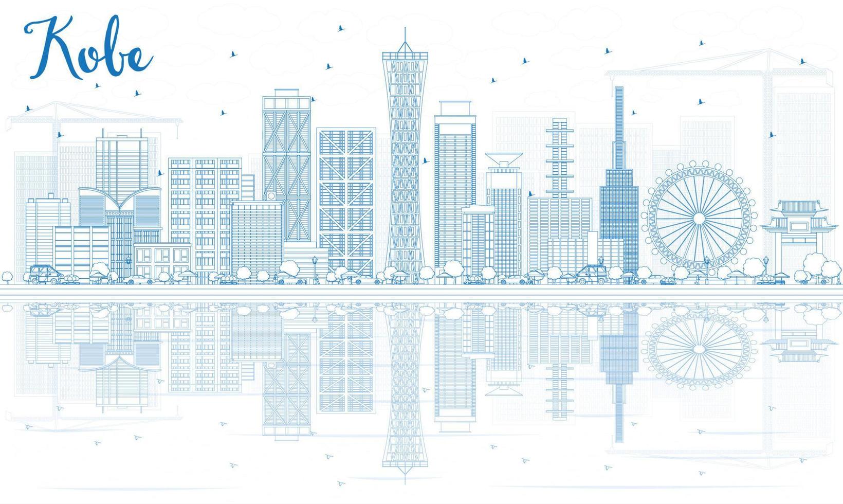 Outline Kobe Skyline with Blue Buildings and Reflections. vector