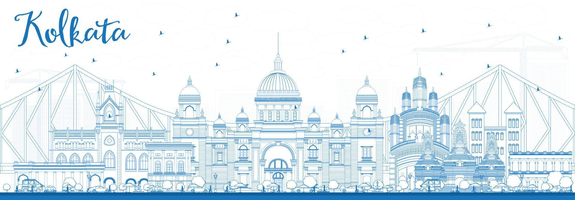 delinear el horizonte de kolkata con puntos de referencia azules. vector