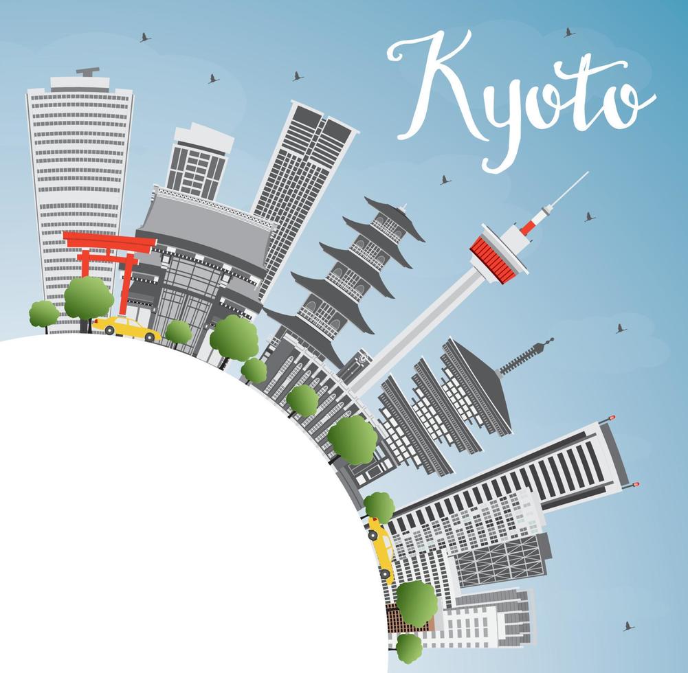 Kyoto Skyline with Gray Landmarks, Blue Sky and Copy Space. vector