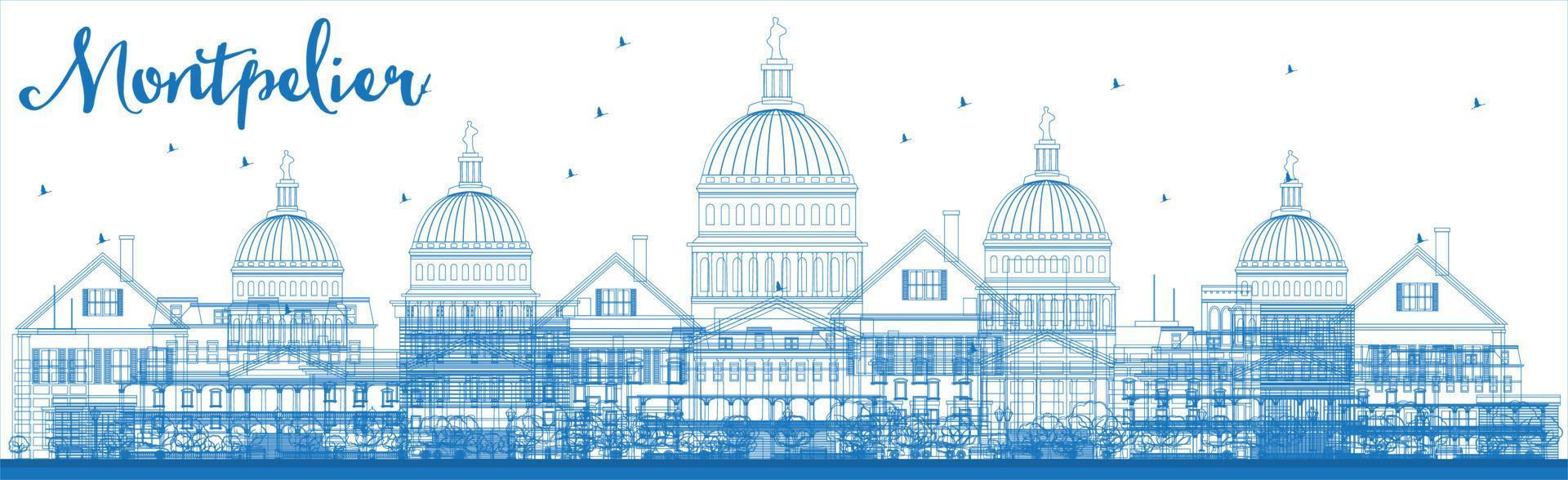 Outline Montpelier Vermont city skyline with blue buildings. vector
