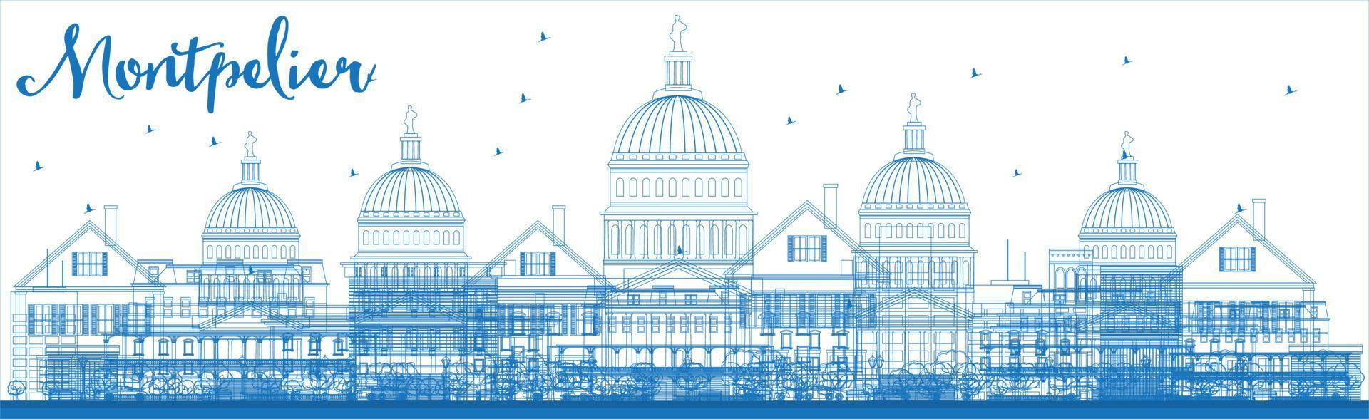 delinear el horizonte de la ciudad de montpelier vermont con edificios azules. vector