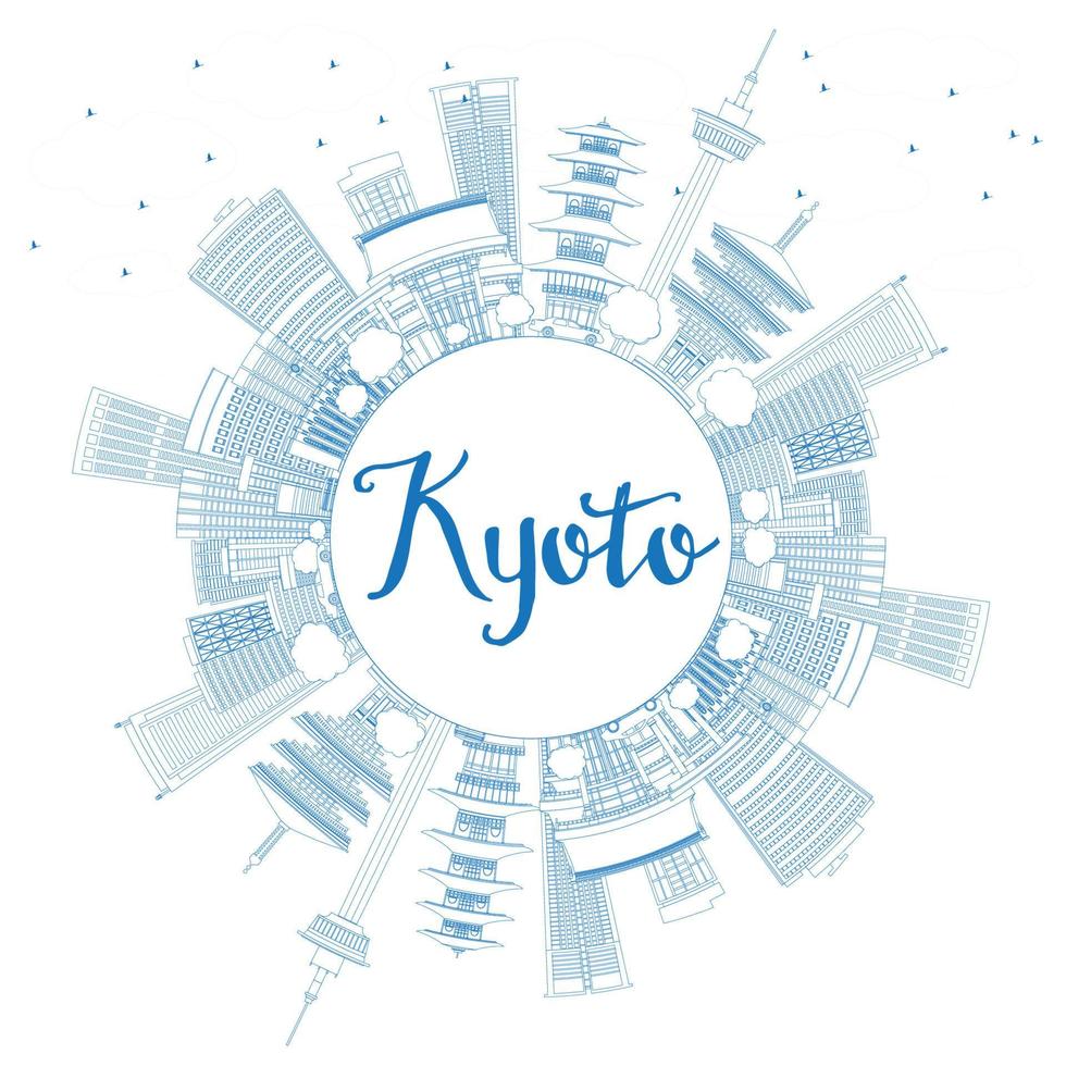 Outline Kyoto Skyline with Blue Landmarks and Copy Space. vector