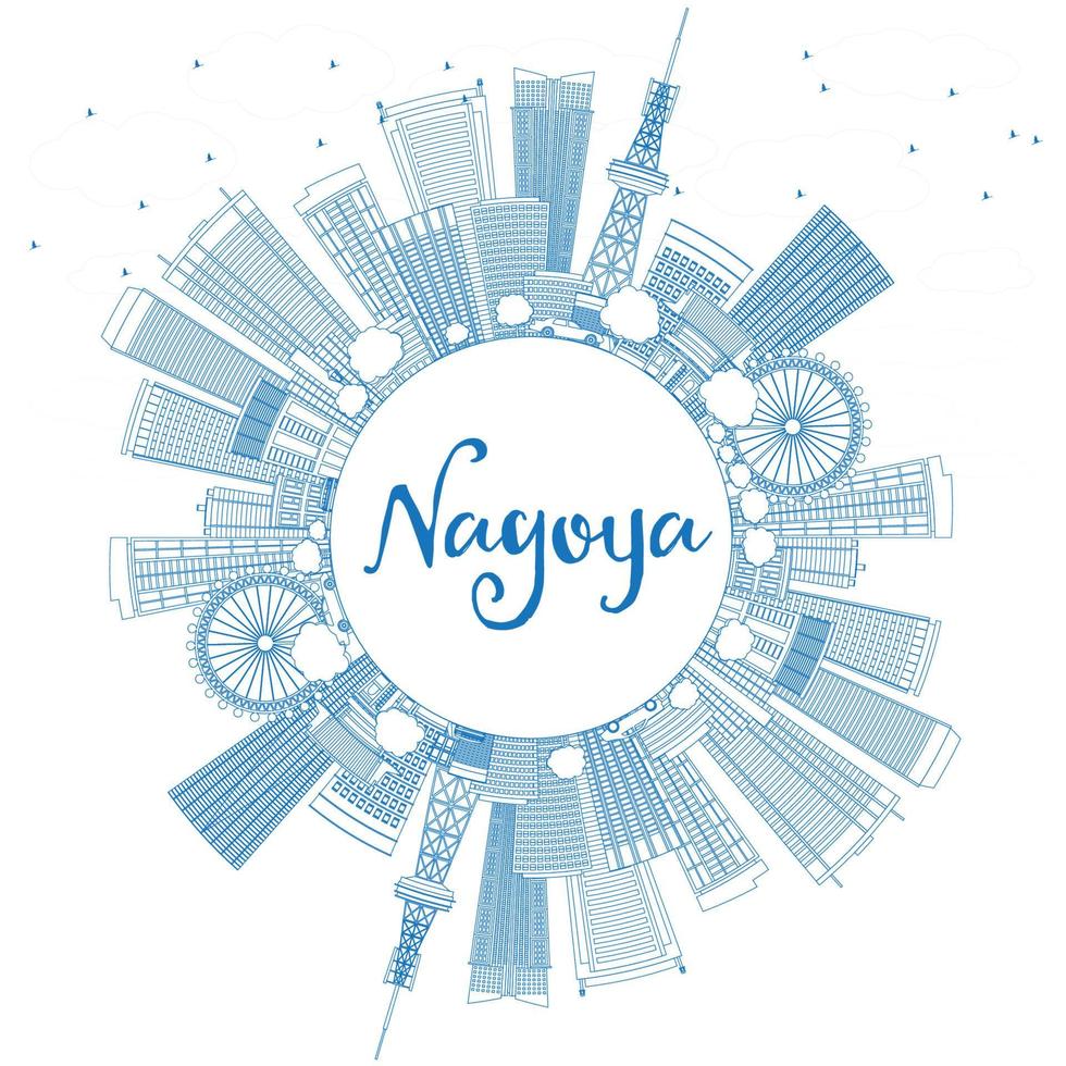 delinee el horizonte de nagoya con edificios azules y copie el espacio. vector