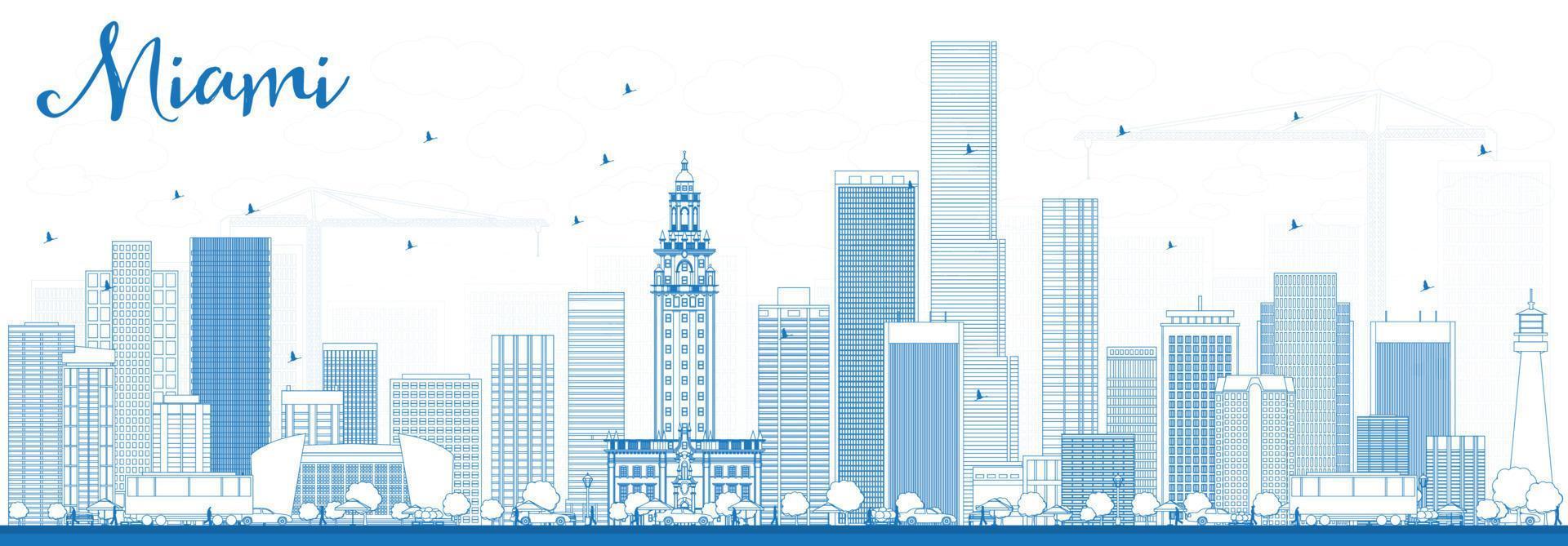 Outline Miami Skyline with Blue Buildings. vector