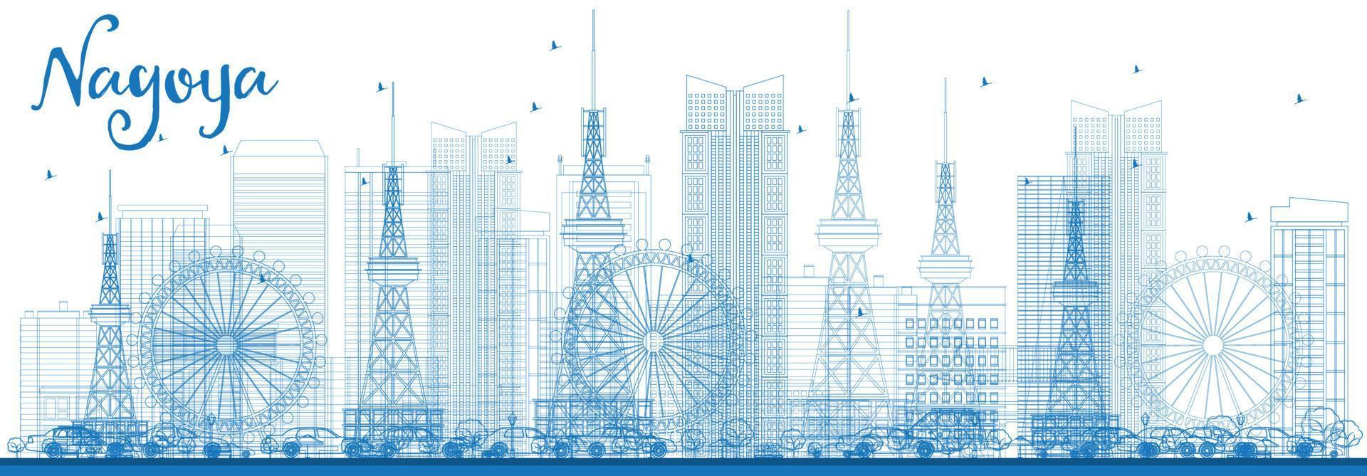 delinear el horizonte de nagoya con edificios azules. vector