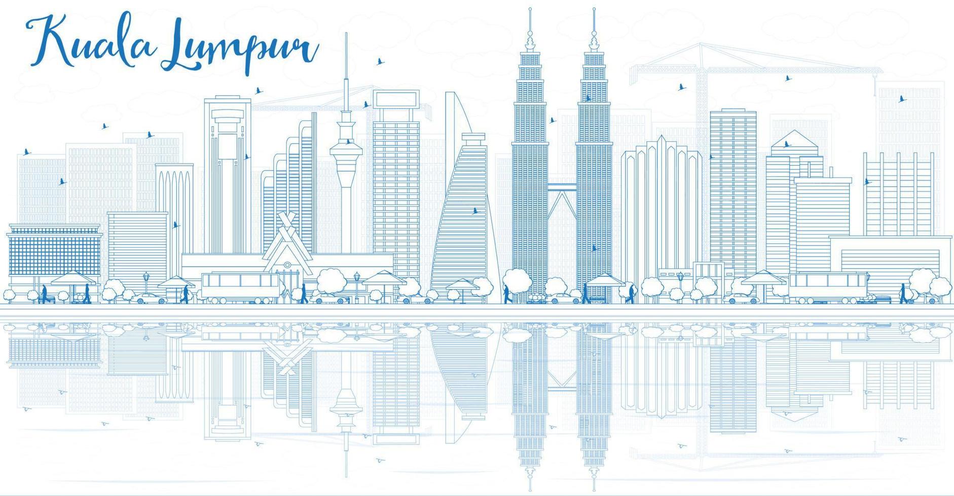 Outline Kuala Lumpur Skyline with Blue Buildings and Reflections. vector