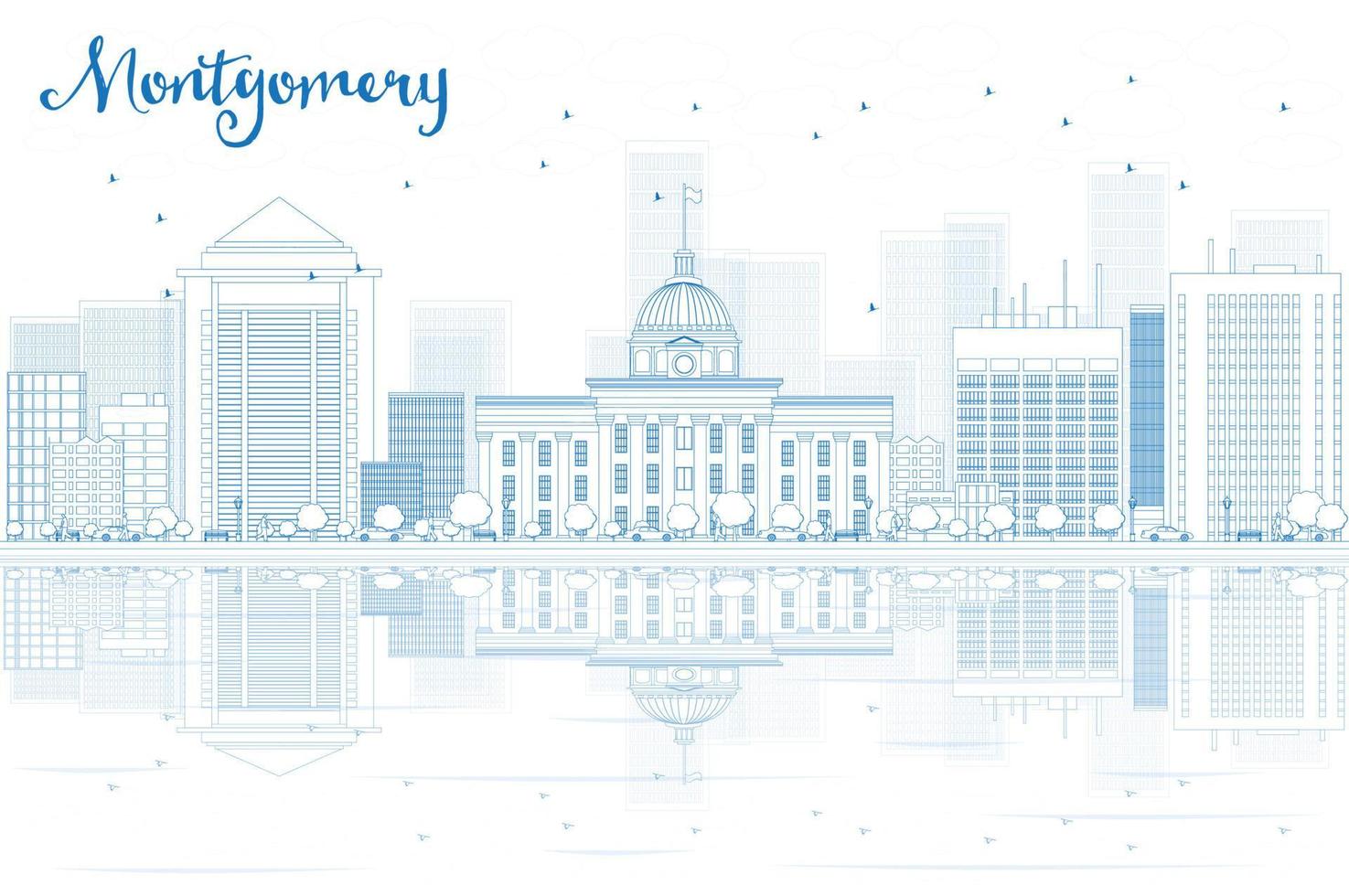 Outline Montgomery skyline with blue buildings and reflections. vector
